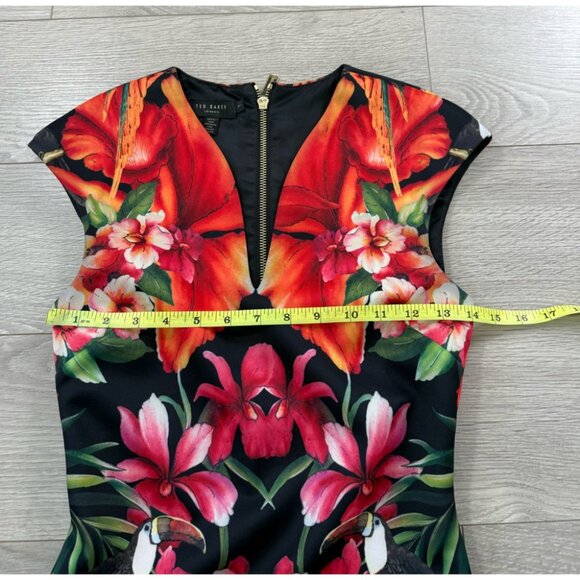 TED BAKER Bismii Toucan Print Multicolor Tropical Black Bodycon Midi Dress - Picture 11 of 14
